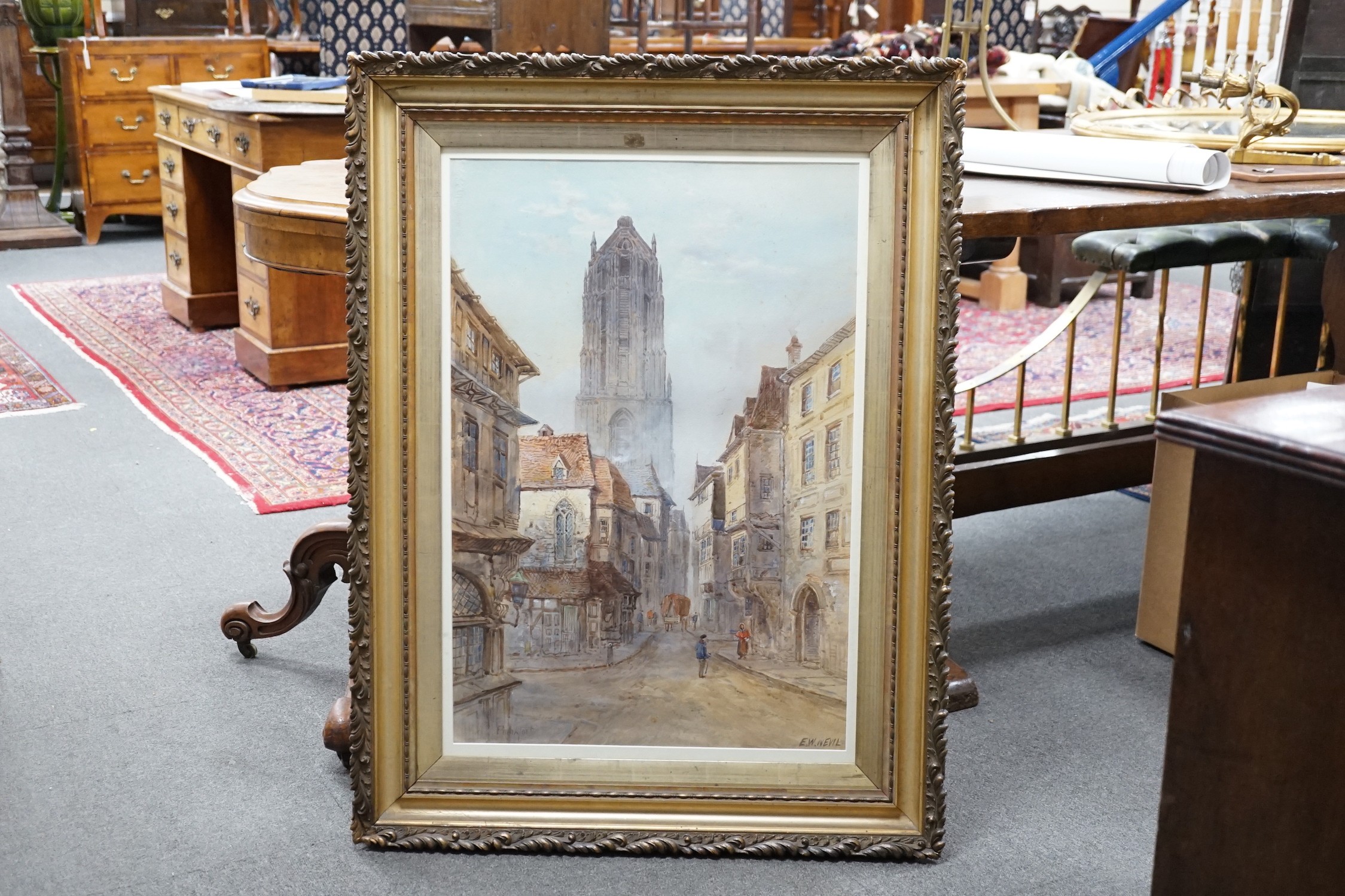 E. W. Nevil, pair of watercolours, 'Frankfort' and 'Huy on The Meuse', signed and titled, 75 x 48cm